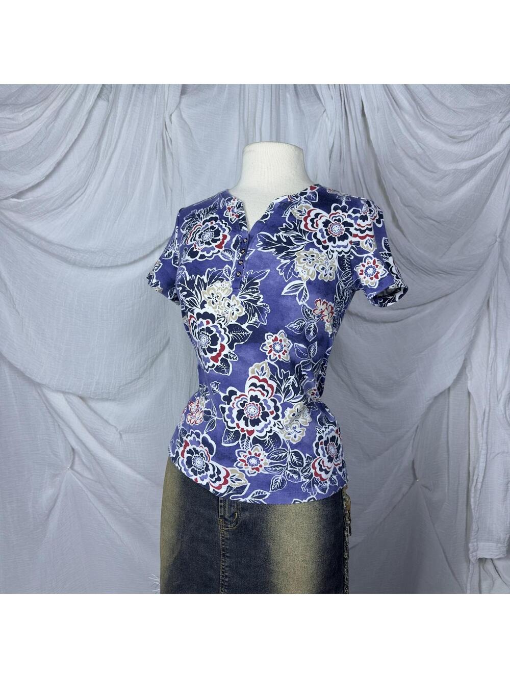 Karen Scott Blue Floral Women's Short Sleeve T-Shirt (PM)
